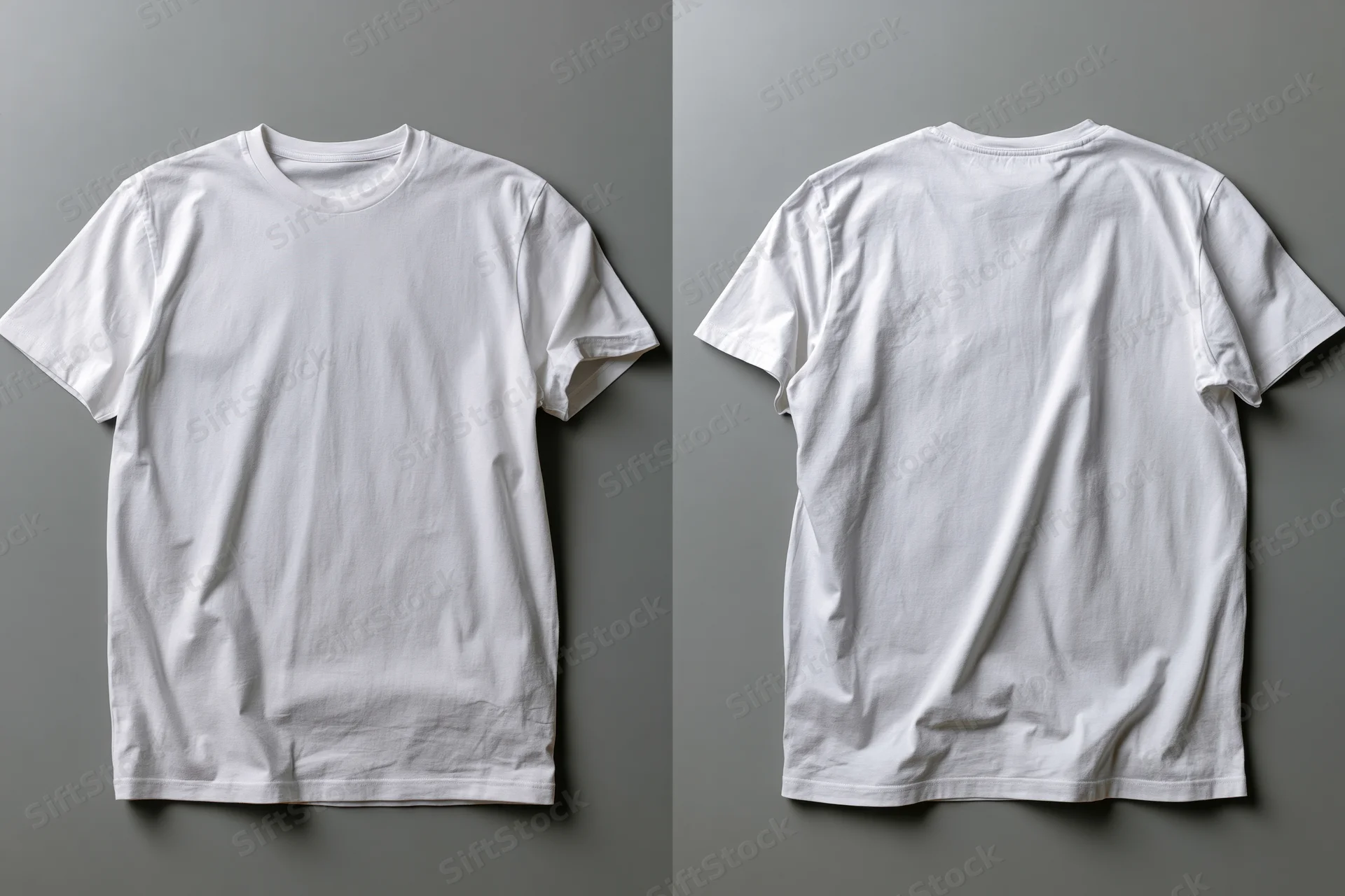 Plain white t-shirt shown front and back flat on gray surface