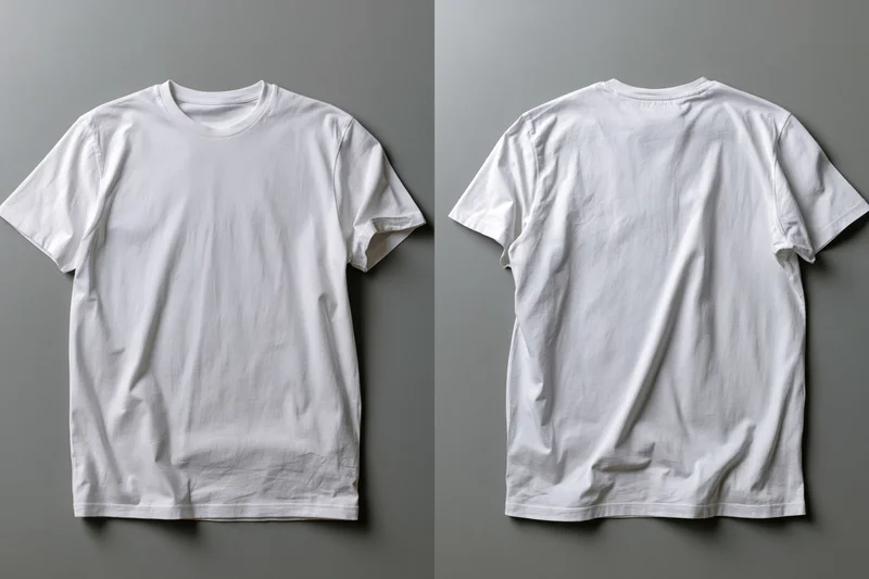 Plain white t-shirt shown front and back flat on gray surface