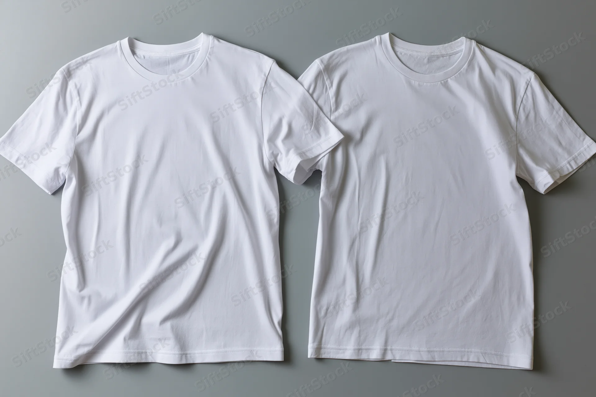 Two plain white crew-neck t-shirts laid flat on a gray surface for design mockup