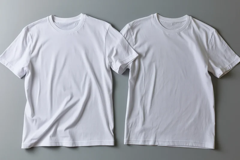 Two plain white crew-neck t-shirts laid flat on a gray surface for design mockup