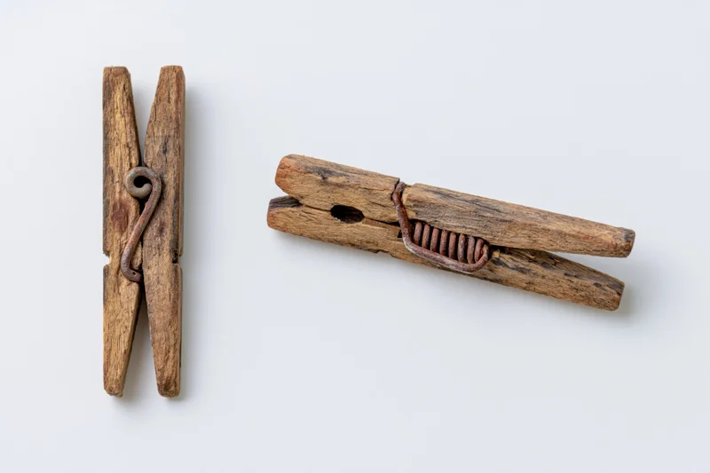 Two views of an aged wooden clothespin with metal spring on white background