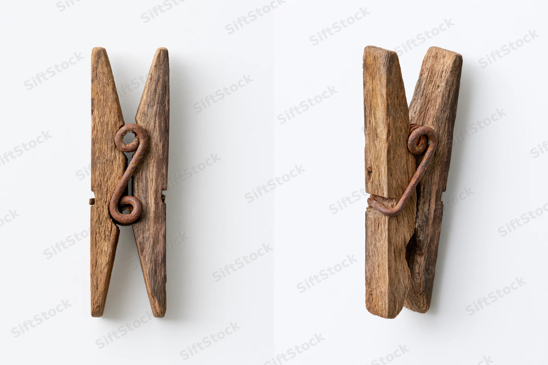Two views of an aged wooden clothespin with metal spring on white background