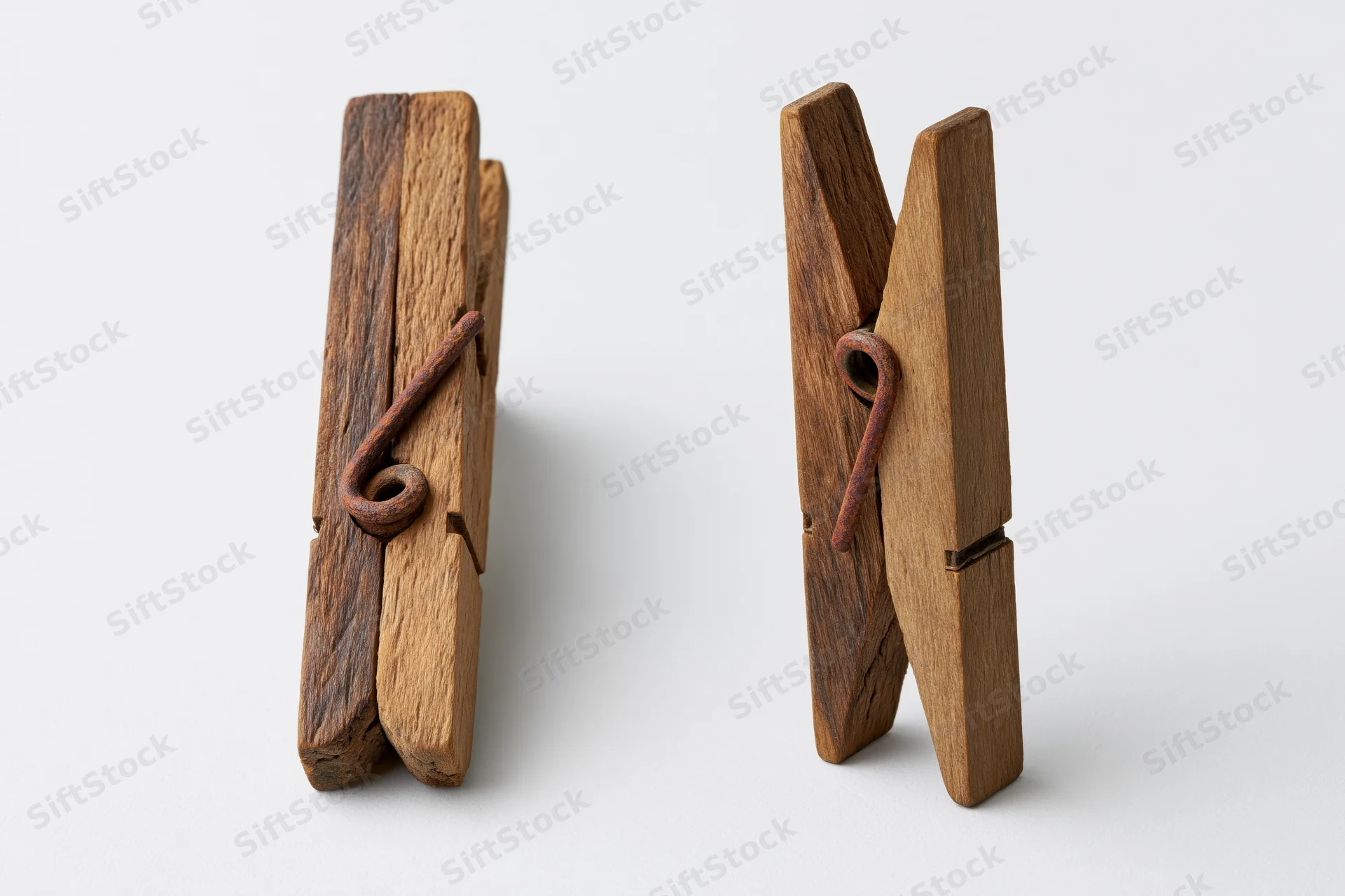 Two views of an aged wooden clothespin with metal spring on white background
