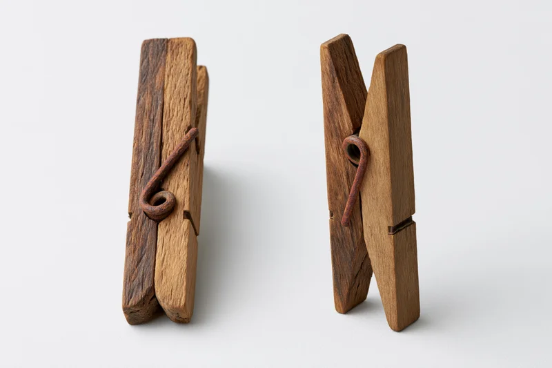 Two views of an aged wooden clothespin with metal spring on white background