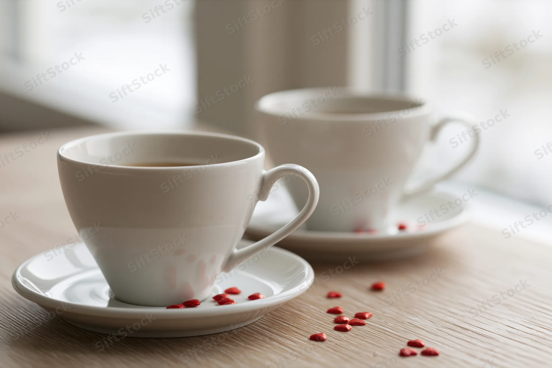 Two white ceramic coffee cups on saucers with red heart-shaped sprinkles on a light wooden table near a window