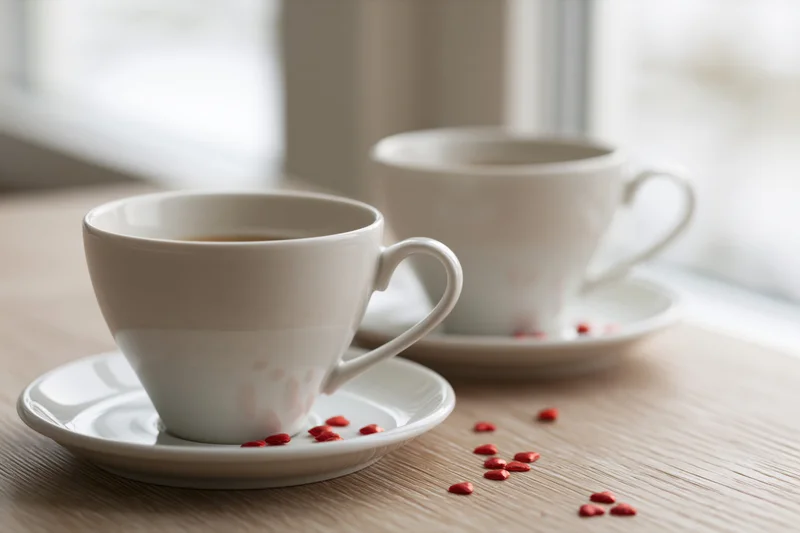 Two white ceramic coffee cups on saucers with red heart-shaped sprinkles on a light wooden table near a window