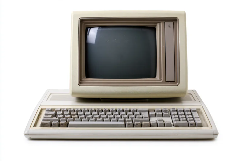 Vintage desktop computer with crt monitor and keyboard on white background