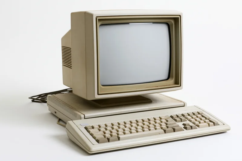 Vintage beige desktop computer with crt monitor and keyboard on white background
