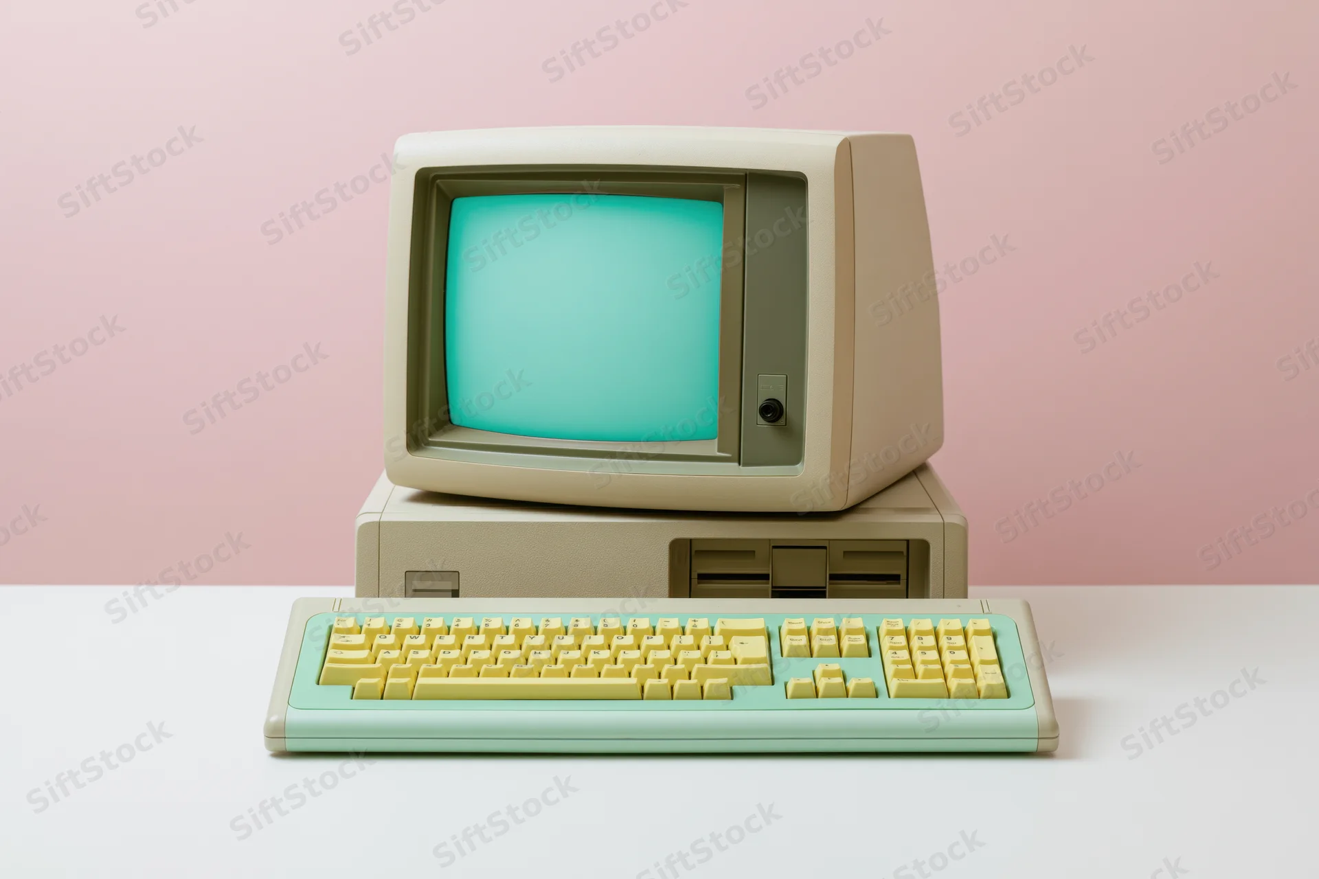 Vintage personal computer with crt monitor and detached keyboard on white surface against pink wall