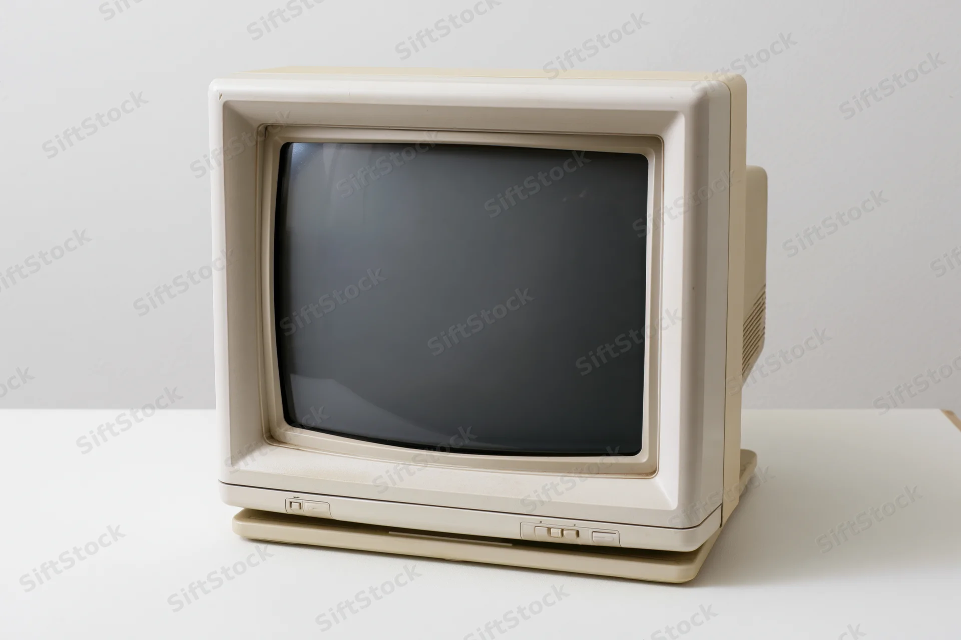 Vintage crt computer monitor on white surface in studio setting