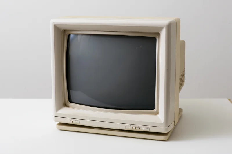 Vintage crt computer monitor on white surface in studio setting