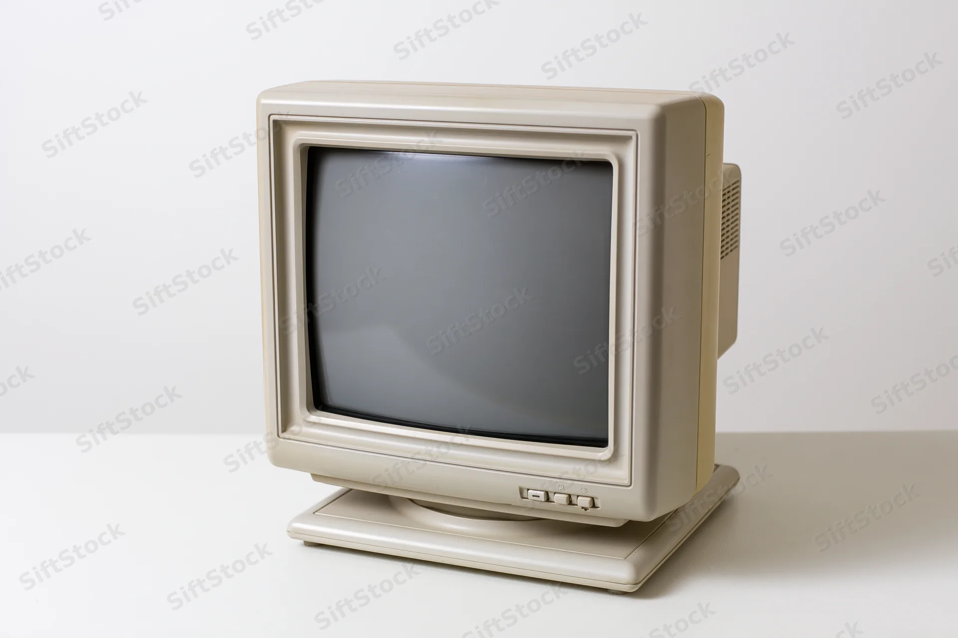 Vintage crt computer monitor on white surface, isolated studio shot