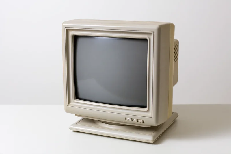 Vintage crt computer monitor on white surface, isolated studio shot