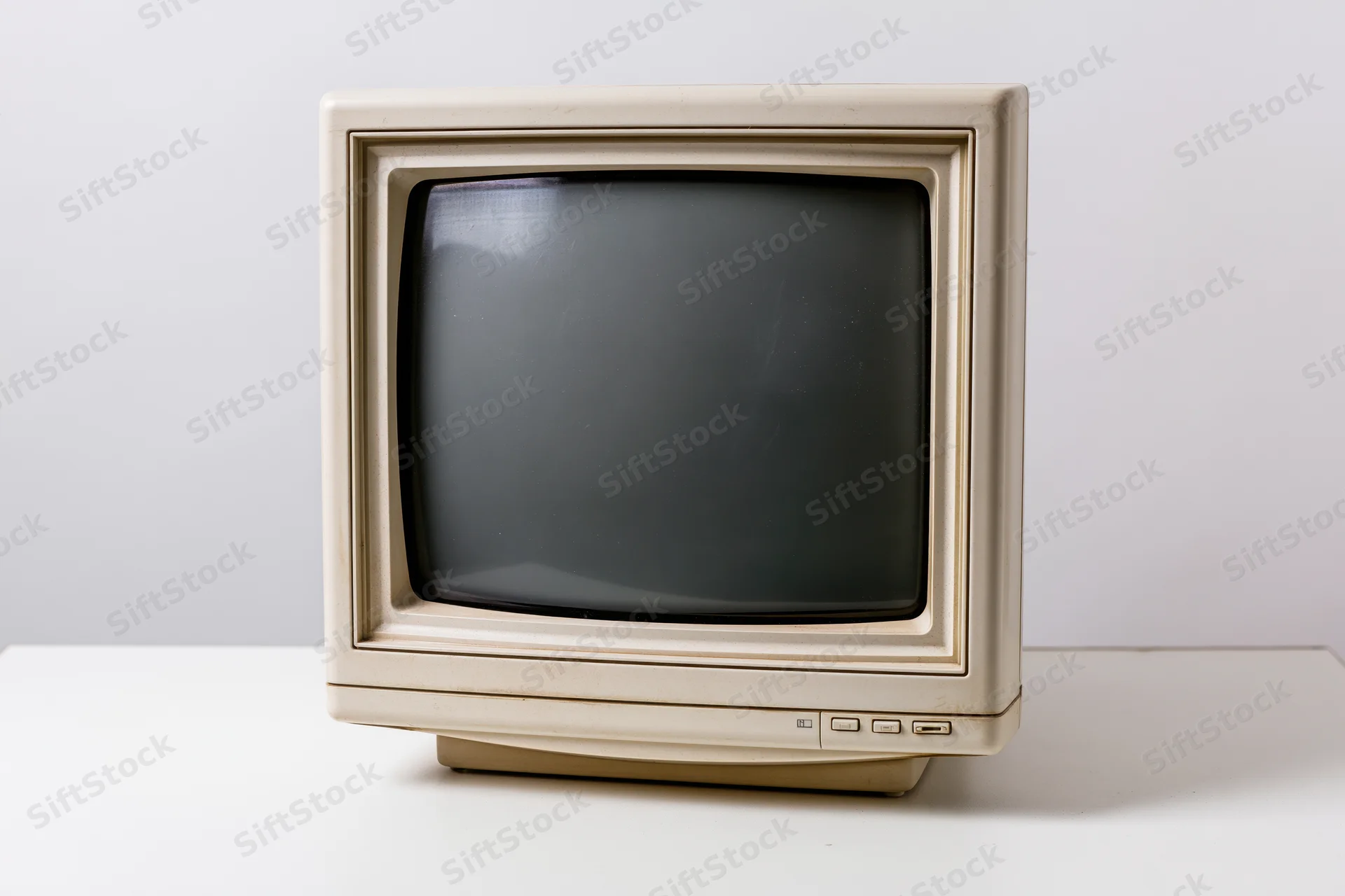 Vintage crt computer monitor on a white surface with copyspace
