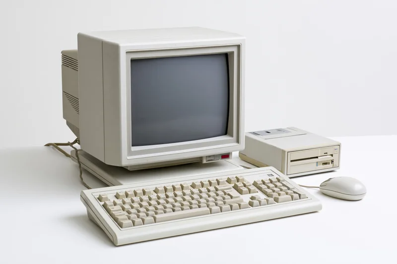 Vintage personal computer set with monitor, keyboard, mouse and floppy drive on white surface