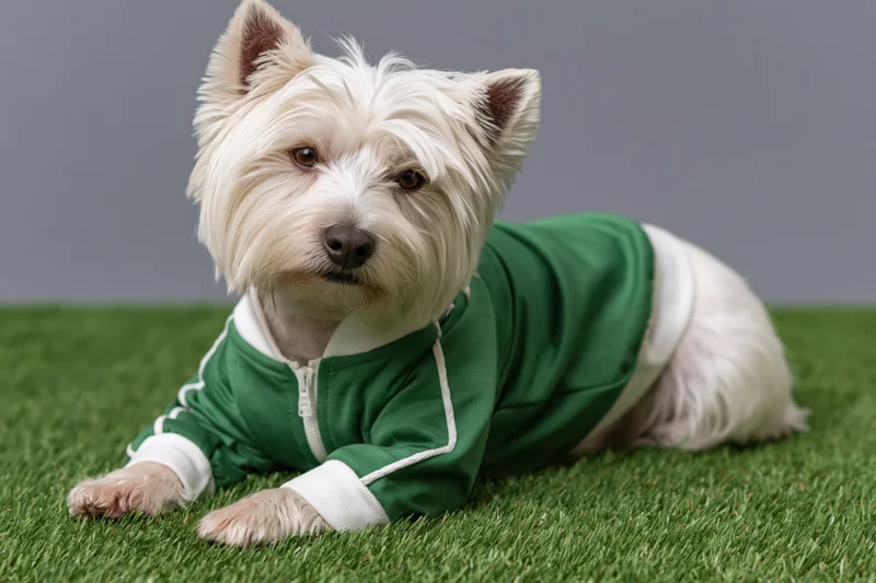 West highland white terrier lying on artificial turf wearing green jacket