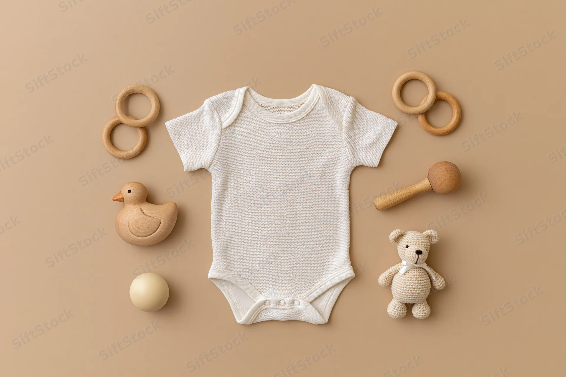 White baby onesie laid flat on beige surface surrounded by wooden toys and crochet bear