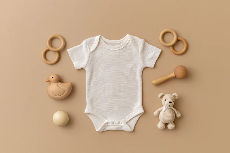 White baby onesie laid flat on beige surface surrounded by wooden toys and crochet bear