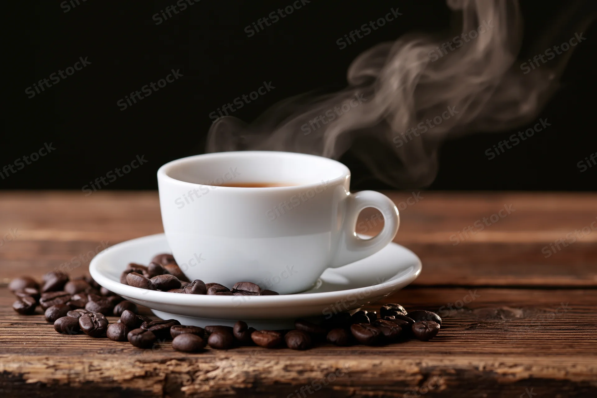 Steaming white ceramic espresso cup on saucer with coffee beans scattered on wooden table