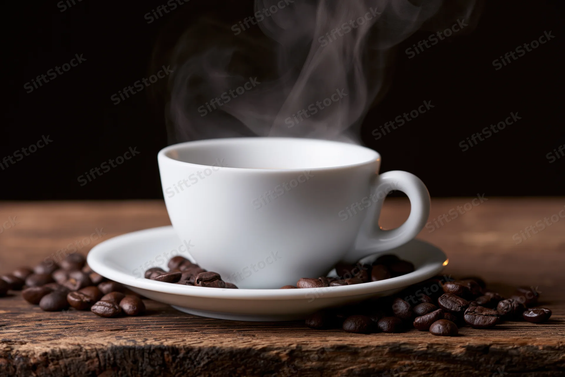 Steaming white ceramic espresso cup on saucer surrounded by coffee beans on wooden table