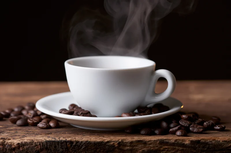 Steaming white ceramic espresso cup on saucer surrounded by coffee beans on wooden table