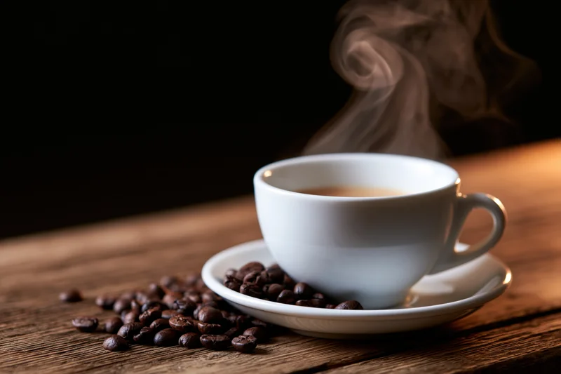 Steaming espresso cup on a saucer with coffee beans scattered on a wooden table