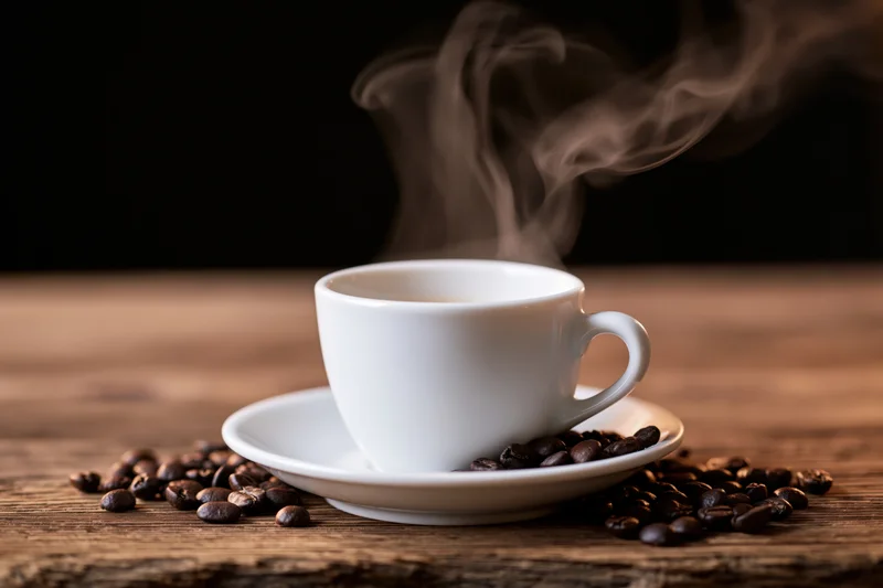 White ceramic espresso cup steaming on a wooden table surrounded by coffee beans
