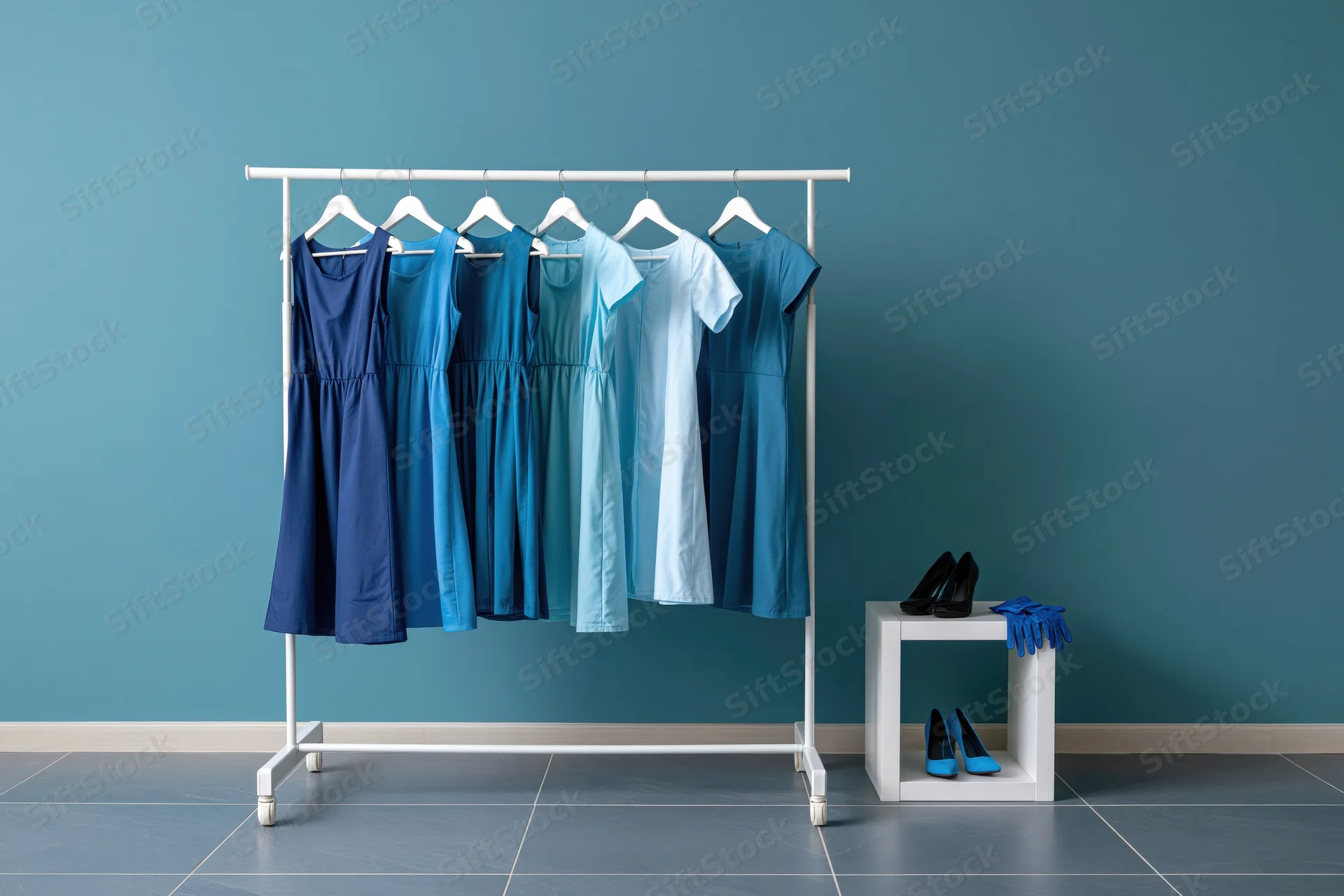 Five blue dresses arranged on a white clothing rack beside a cube shelf with shoes and gloves in a teal-walled room