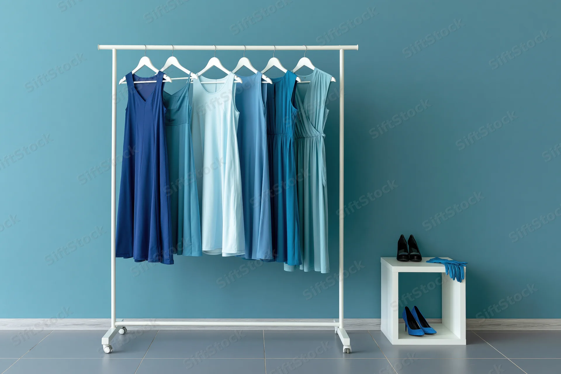 White clothing rack holding blue dresses in gradient arrangement against teal wall with shoes on side table