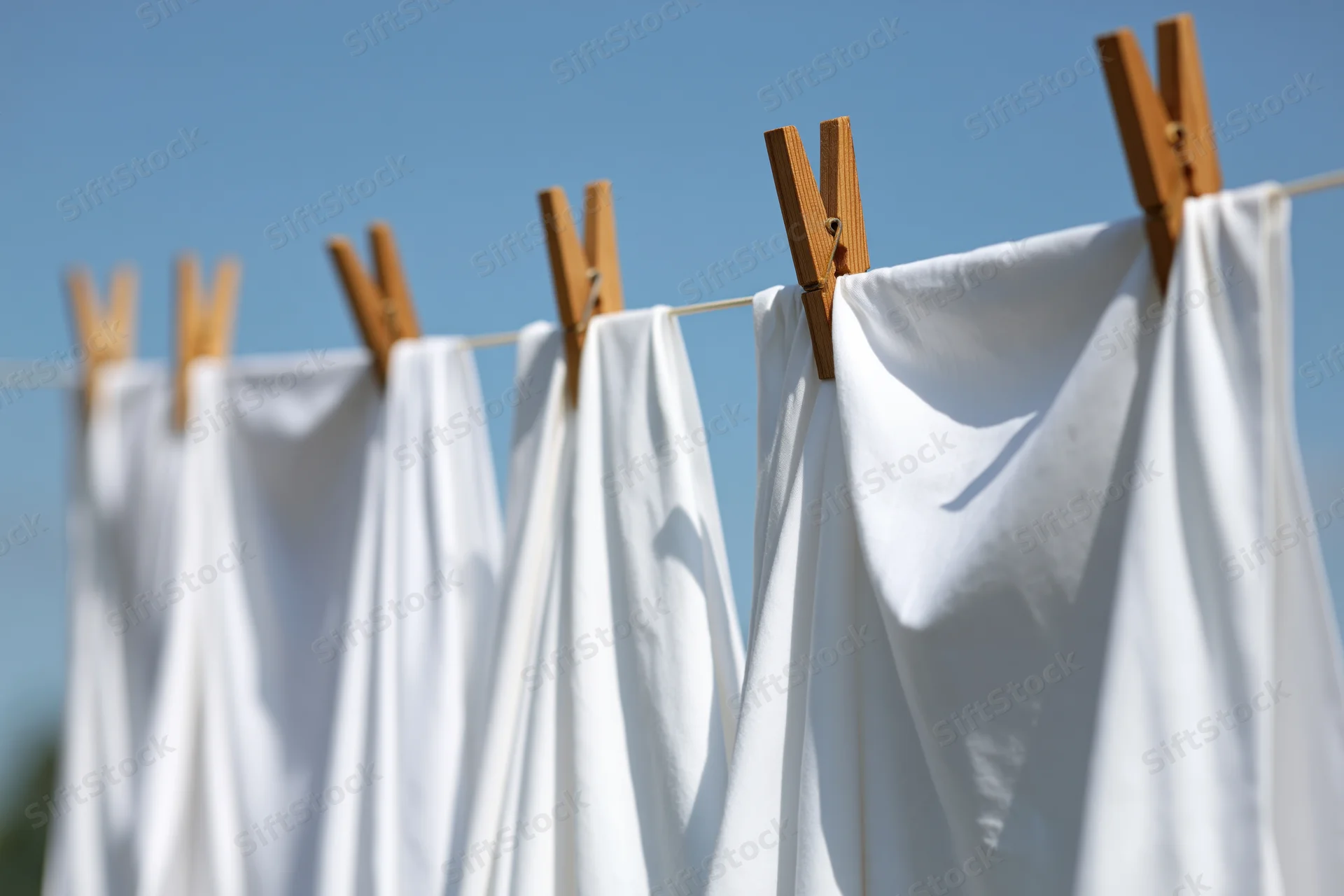 White cotton sheets hanging on an outdoor clothesline against a clear blue sky