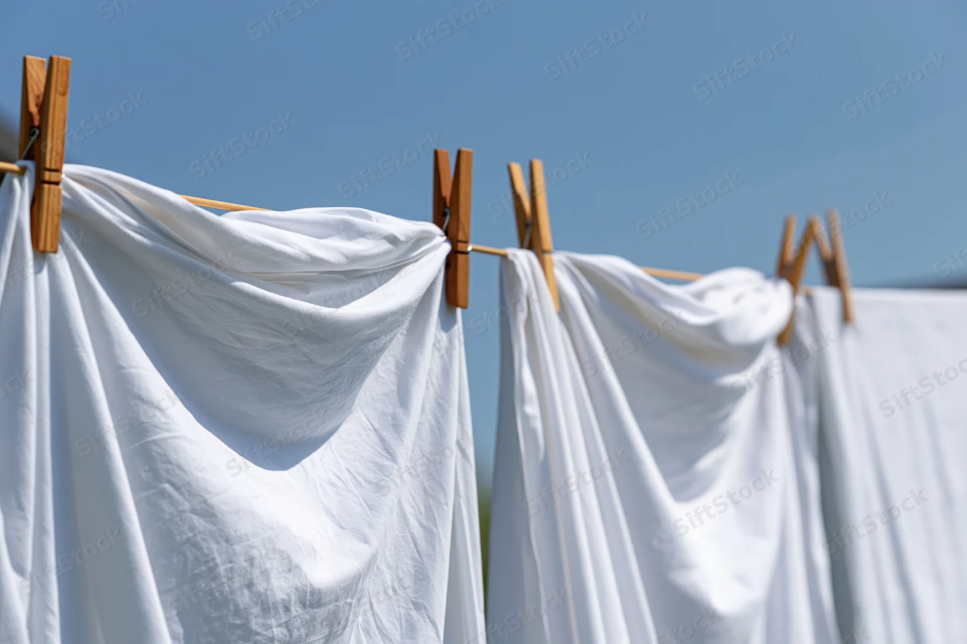 White cotton sheets hanging on an outdoor clothesline drying in sunlight