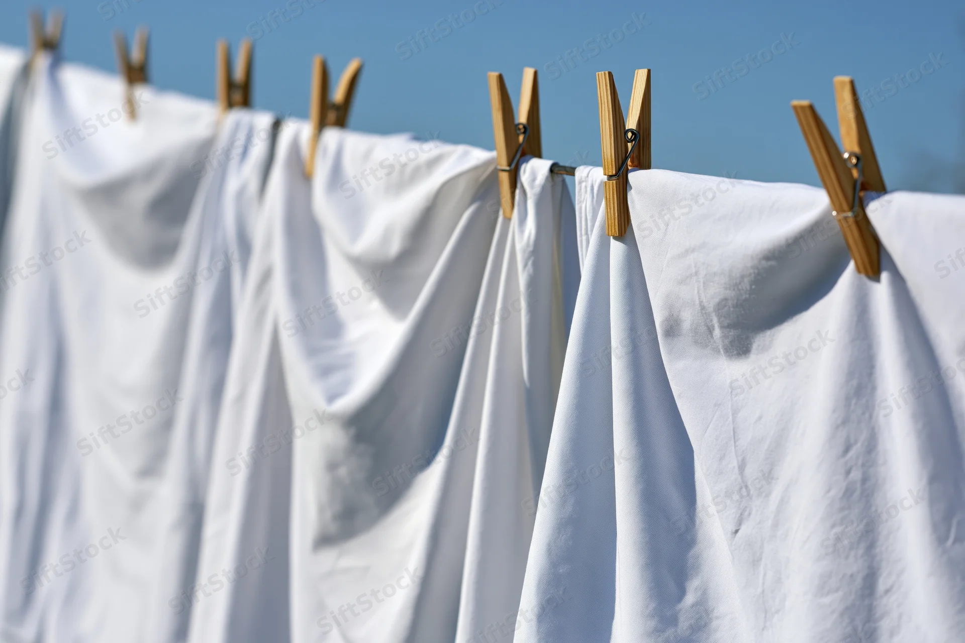 White cotton sheets hanging on an outdoor clothesline drying in sunlight