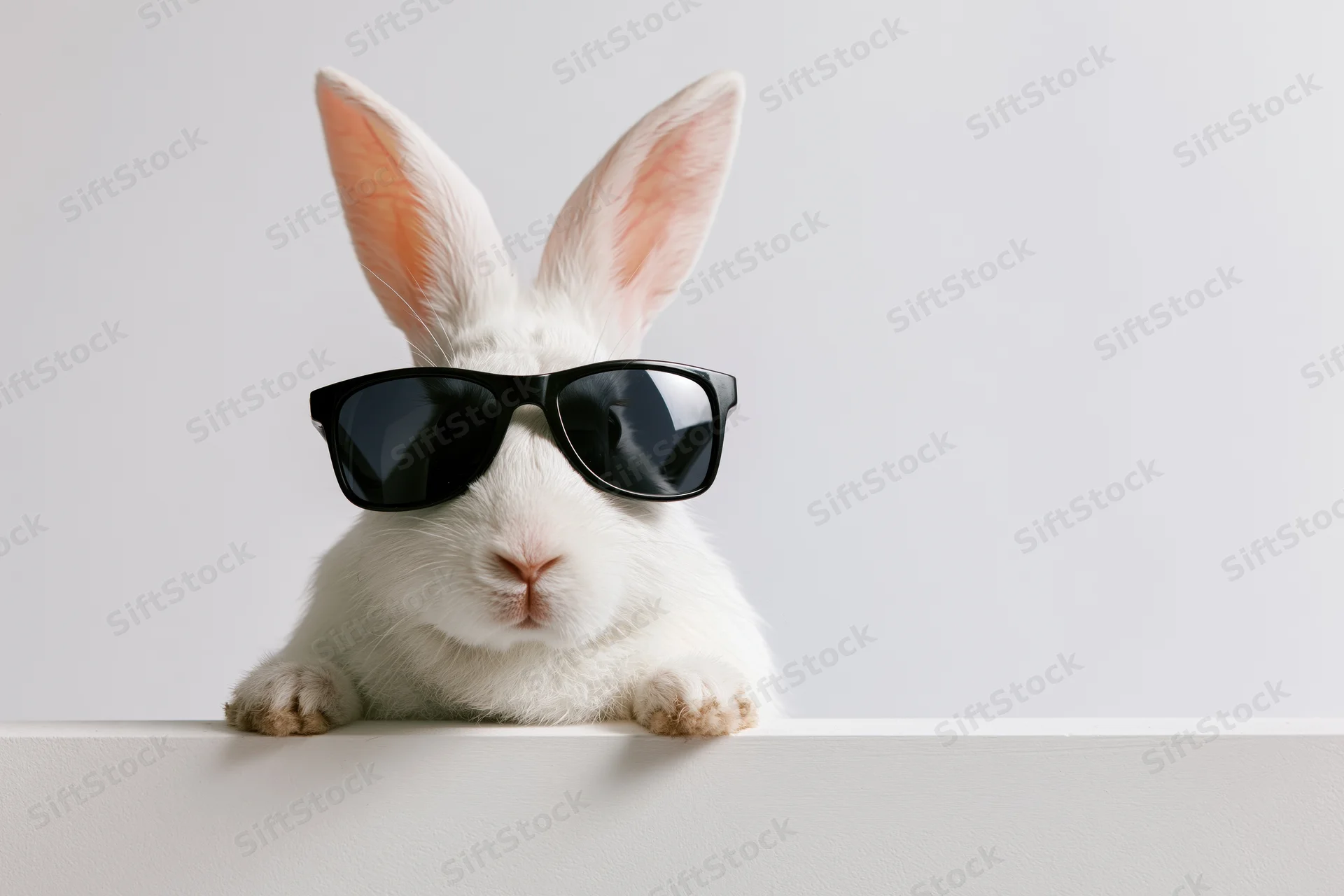 White domestic rabbit wearing black wayfarer sunglasses peeking over white surface in studio setting