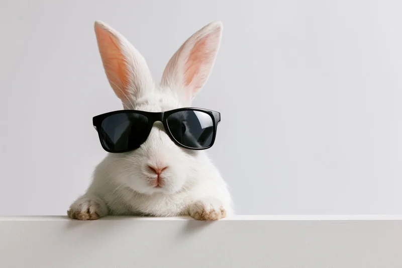 White domestic rabbit wearing black wayfarer sunglasses peeking over white surface in studio setting