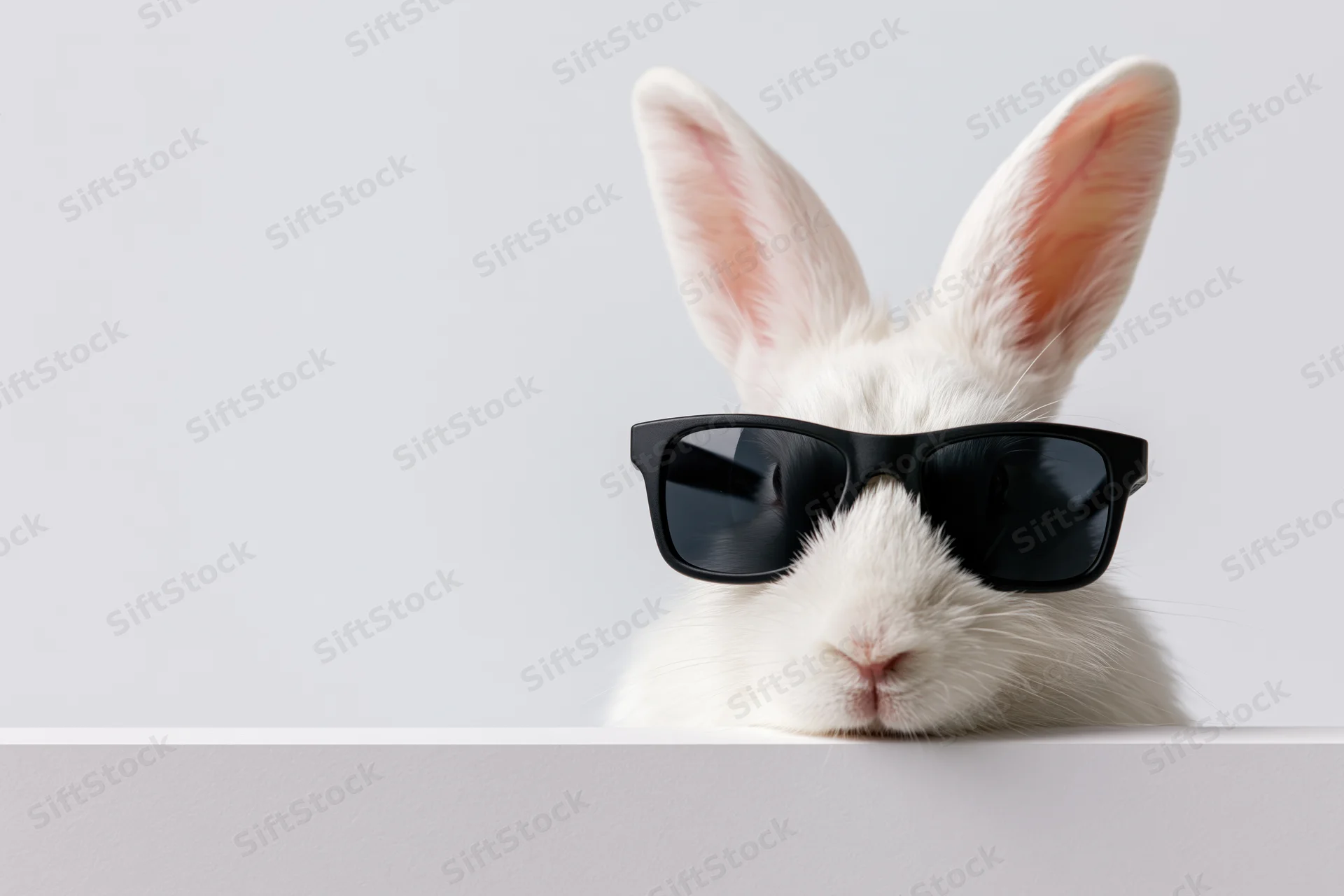 White rabbit wearing black wayfarer sunglasses peeking over a white surface