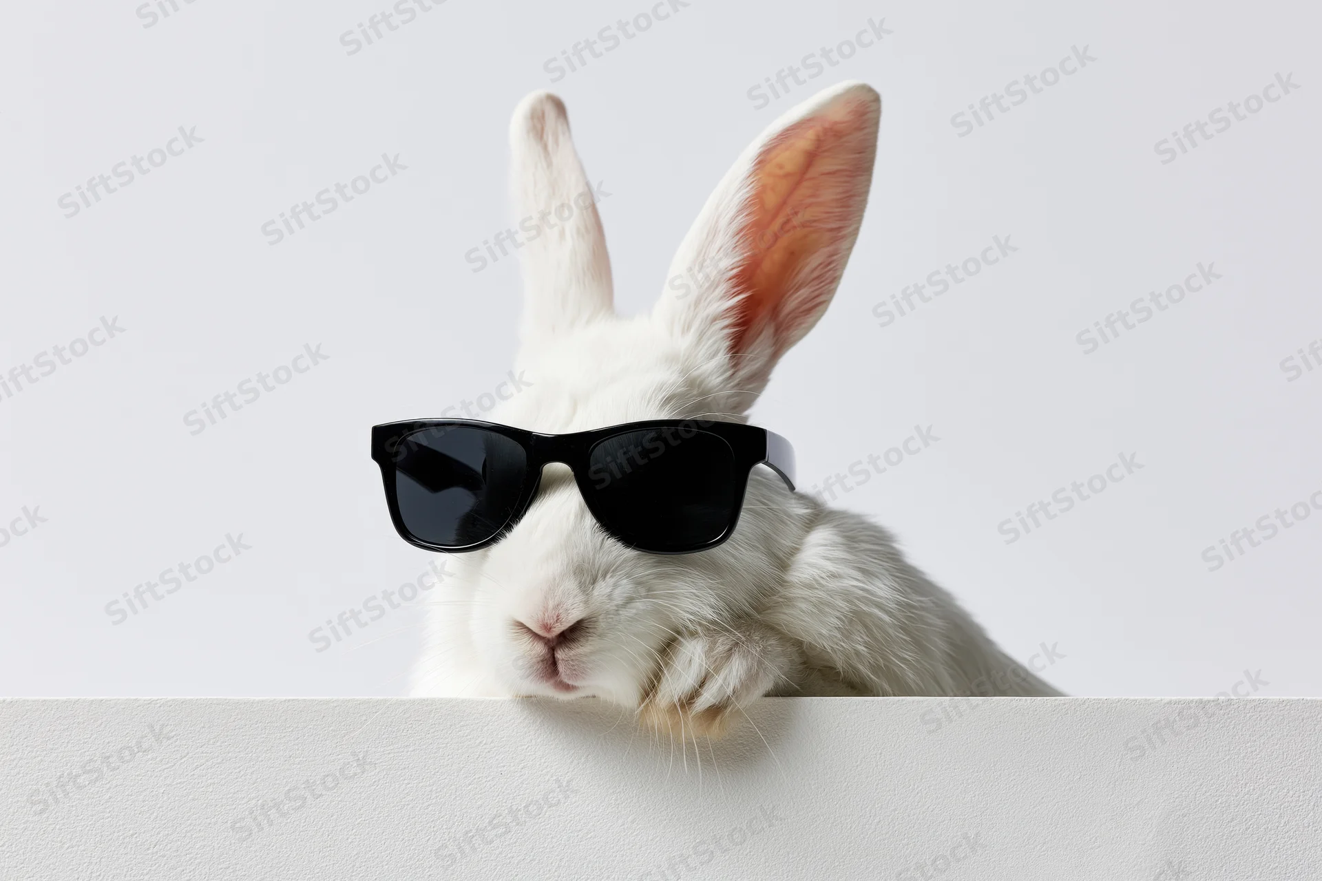 White rabbit wearing black wayfarer sunglasses peeking over a white barrier