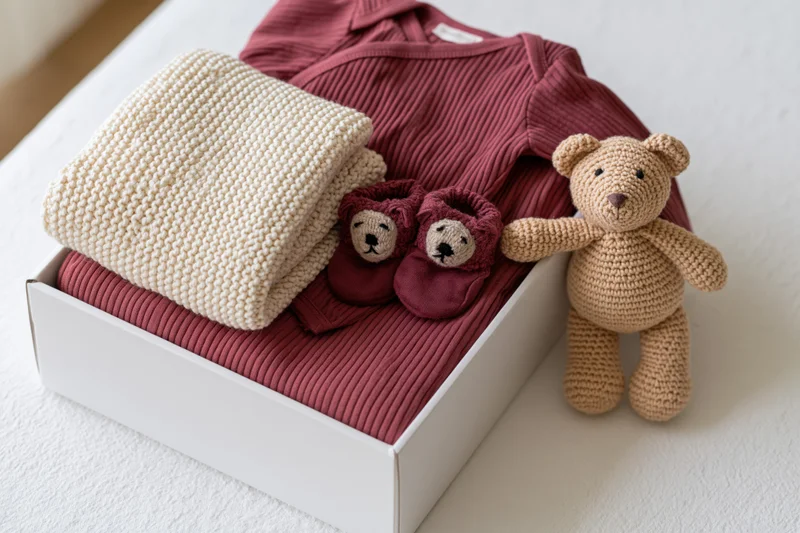 White gift box filled with folded baby clothing and a crocheted teddy bear on a soft surface