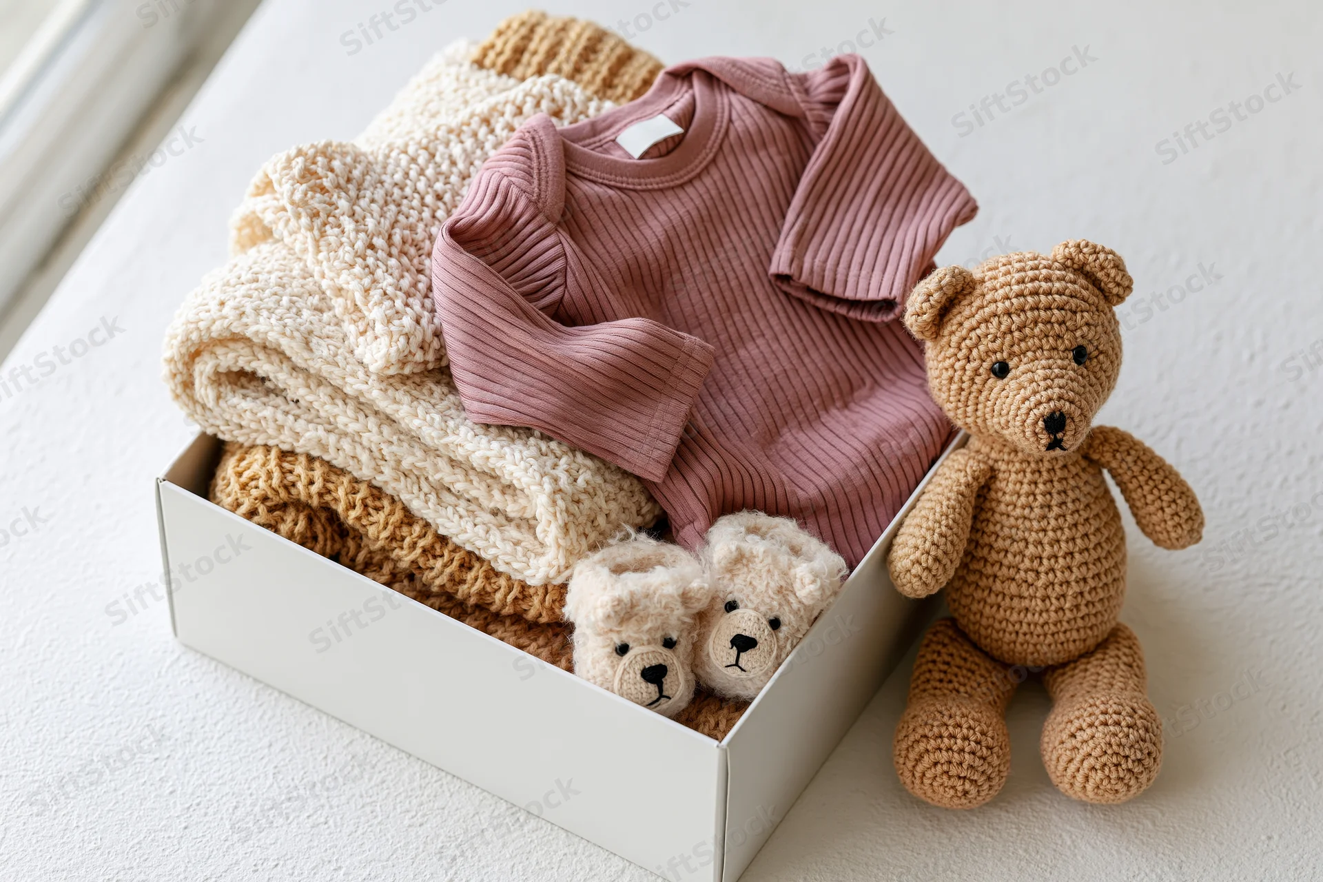White gift box filled with folded baby clothes and crocheted teddy bear and booties on a light surface