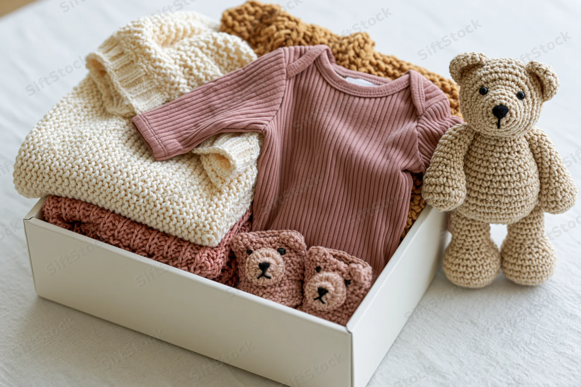 White gift box filled with folded baby clothes and crocheted teddy bears on a soft surface
