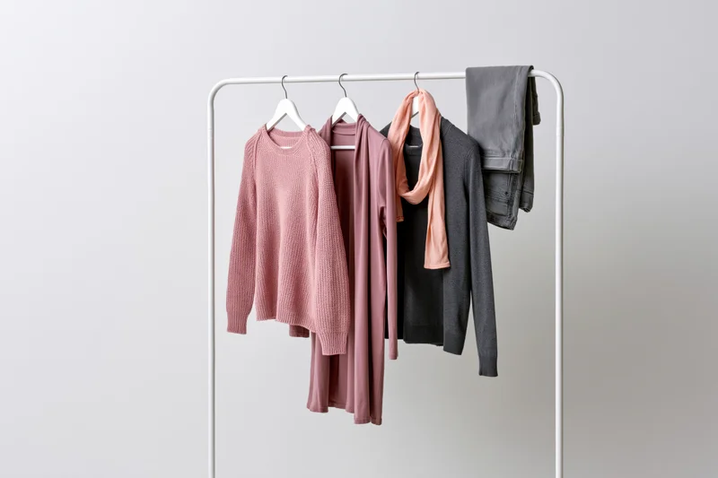 Clothing rack holding pink knit sweater, gray cardigan, scarf and jeans against white background