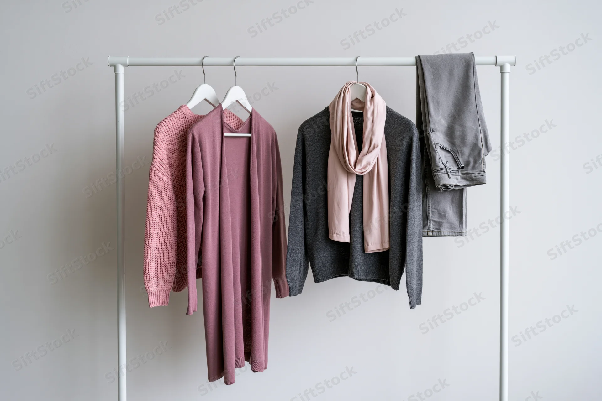 Clothing rack holding sweaters, cardigan, scarf and pants against a plain wall