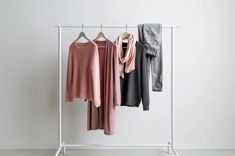 Clothing rack holding pink knit sweater, scarf, cardigan and pants in minimalist interior