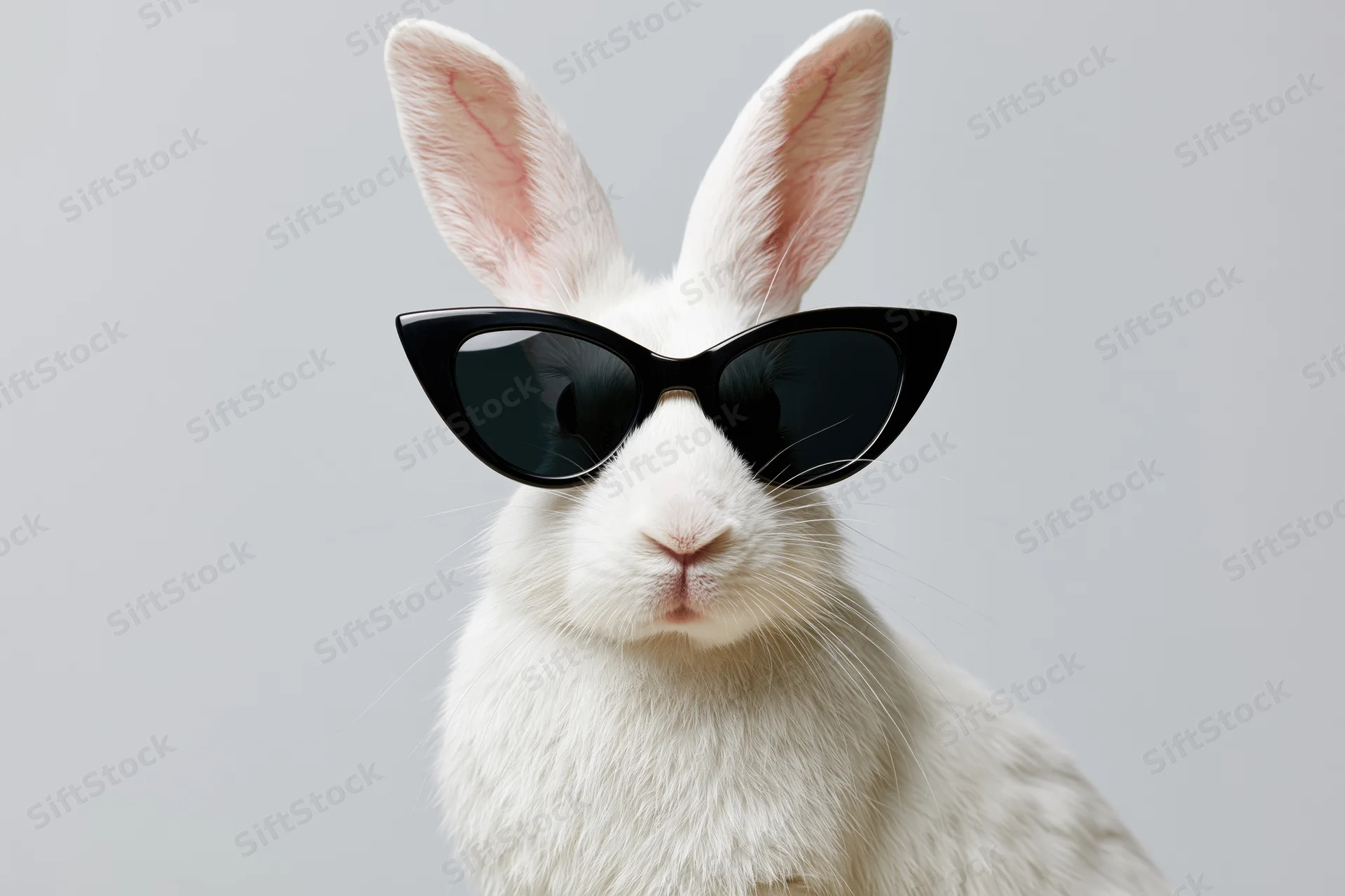 White rabbit wearing black cat-eye sunglasses facing forward in studio portrait