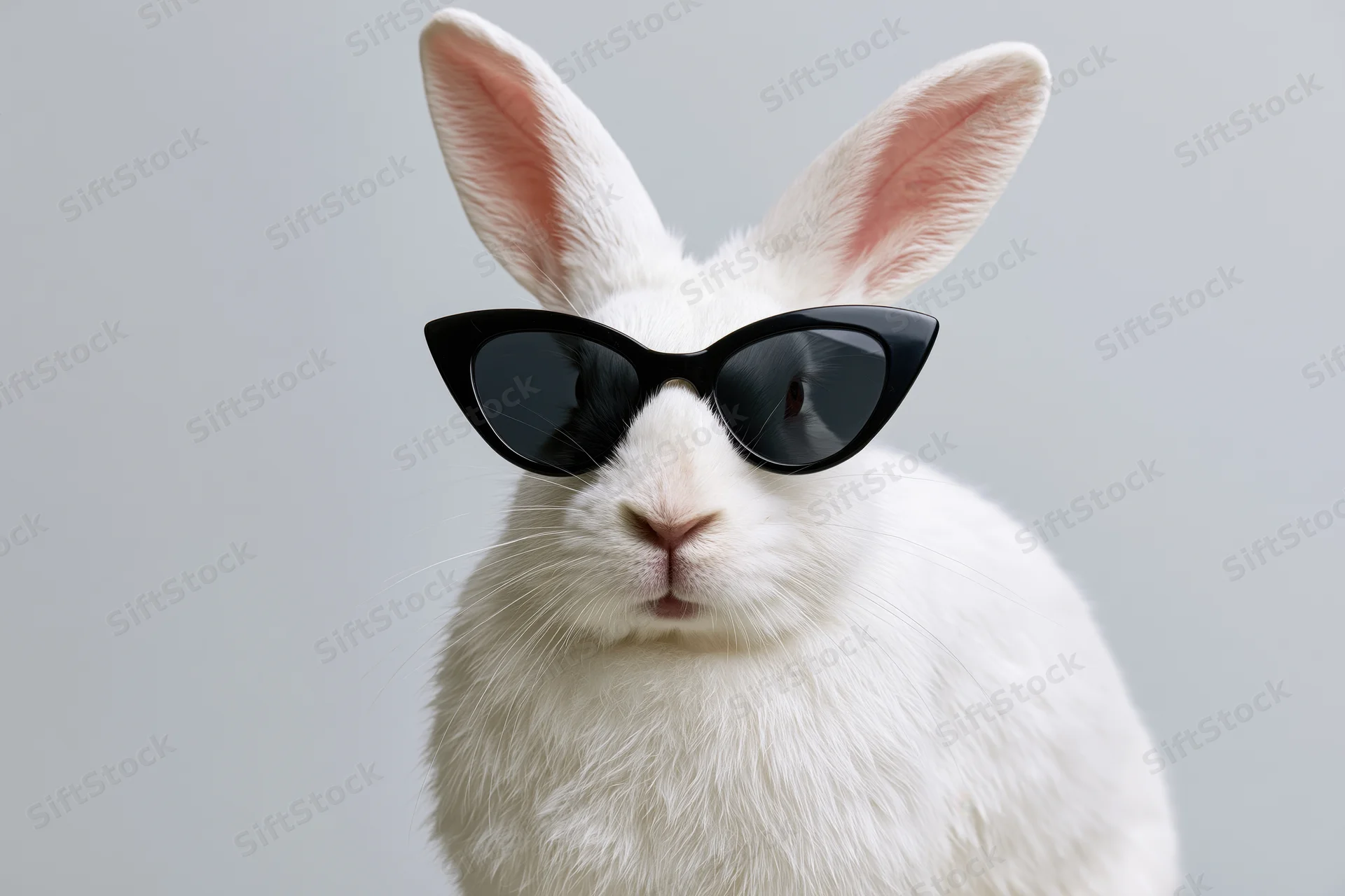 White rabbit wearing black cat-eye sunglasses facing forward in studio portrait