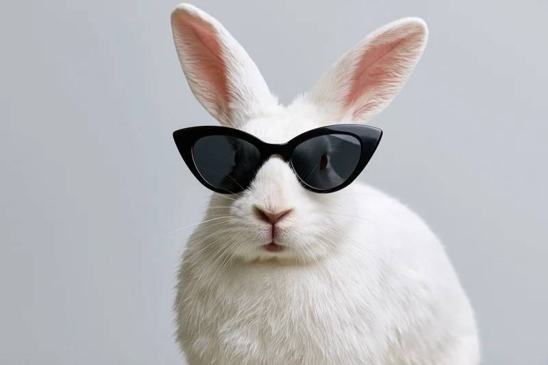 White rabbit wearing black cat-eye sunglasses facing forward in studio portrait