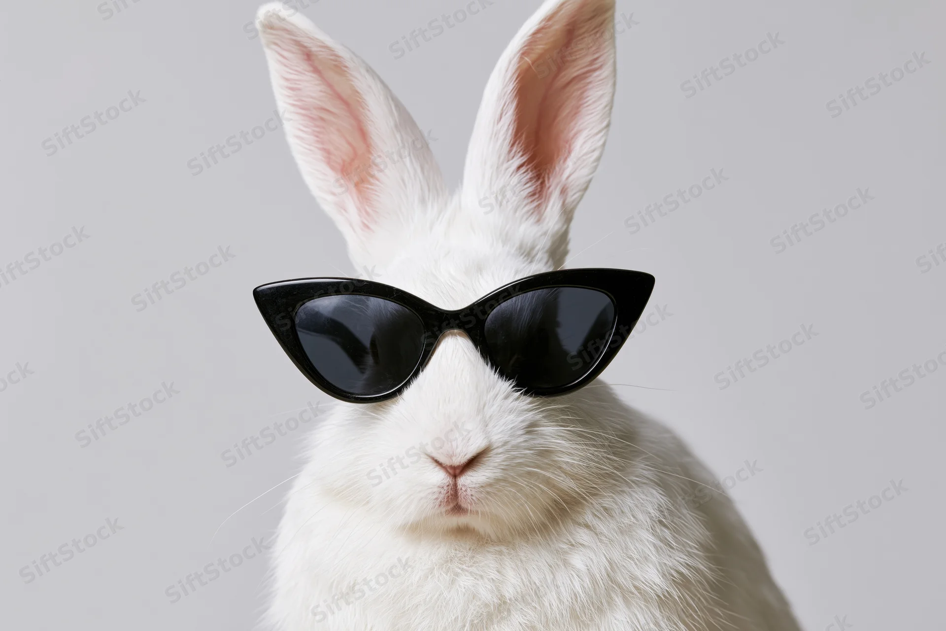 White rabbit wearing black cat-eye sunglasses in studio portrait
