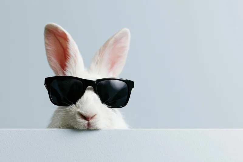 White rabbit wearing black wayfarer sunglasses peeking over a white wall