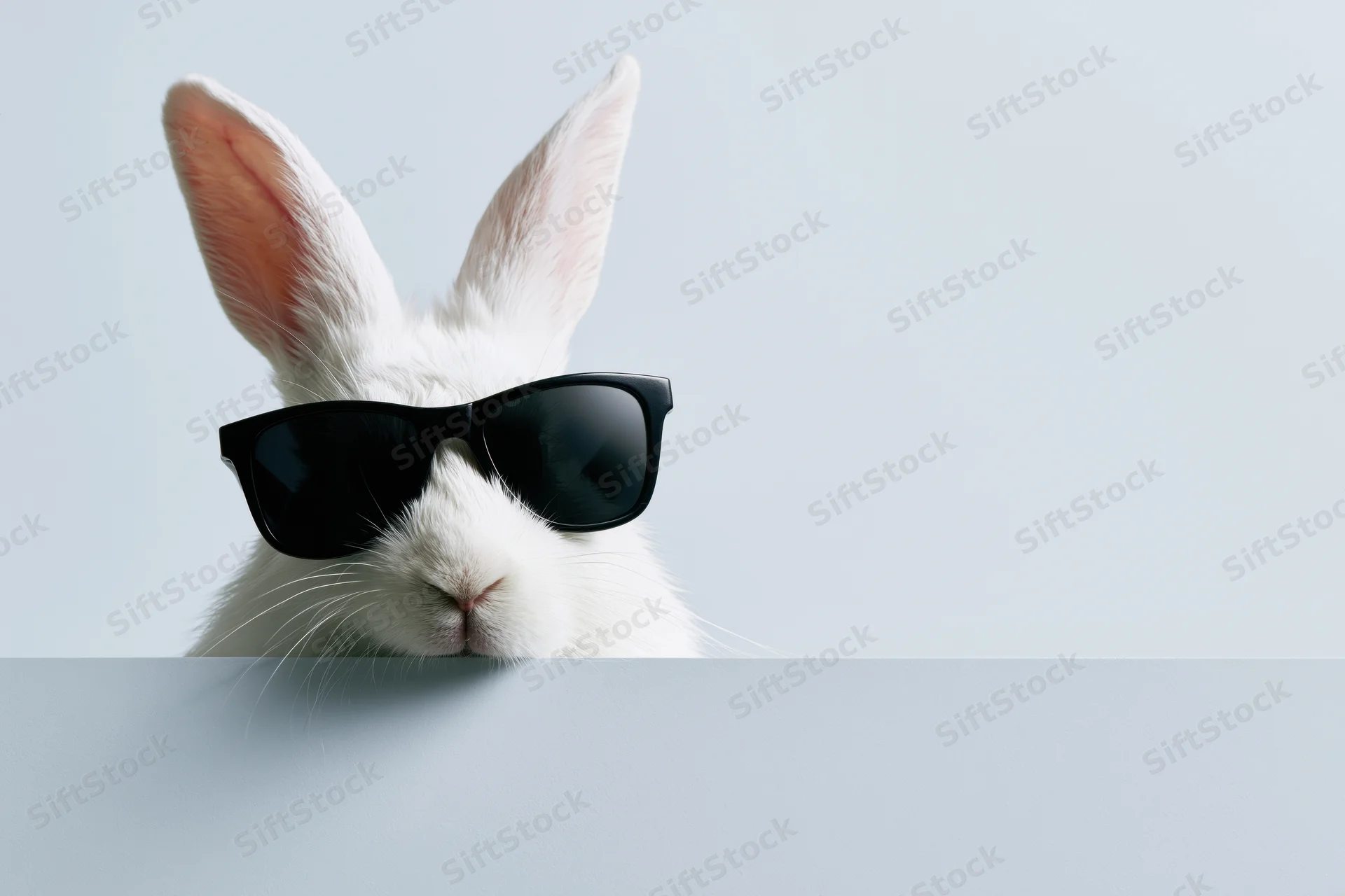 White rabbit wearing black wayfarer sunglasses peeking over a surface with copyspace below