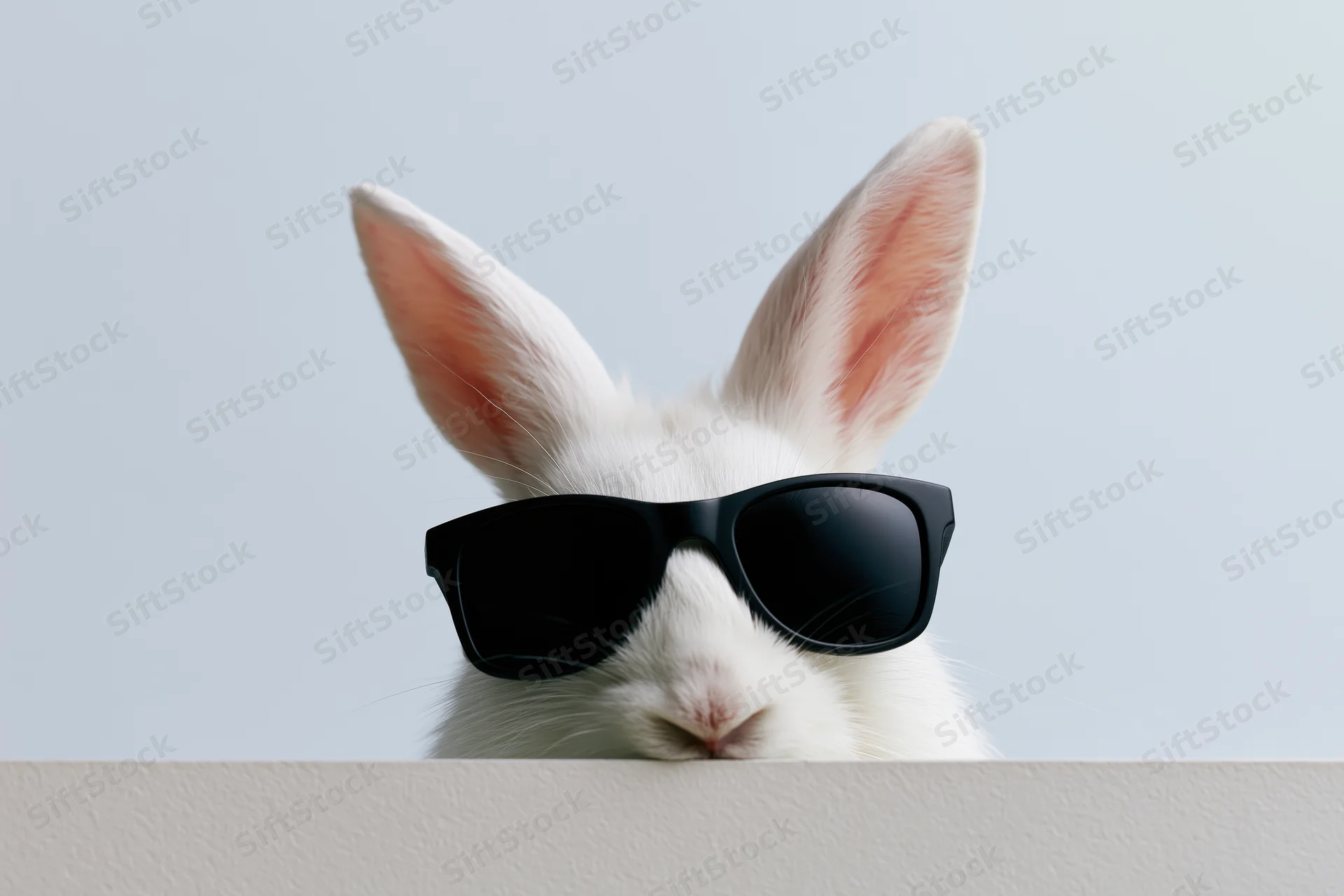 White rabbit wearing black wayfarer sunglasses peeking over a wall