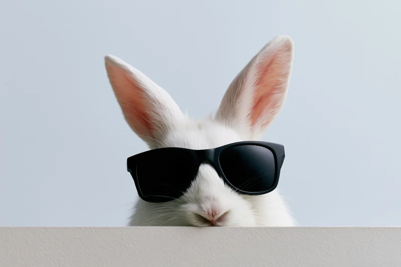 White rabbit wearing black wayfarer sunglasses peeking over a wall